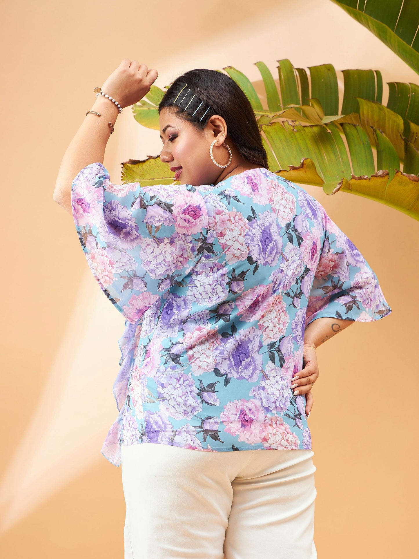 Blue Floral Front Tie-Neck Ruffle Top