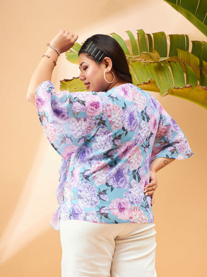 Blue Floral Front Tie-Neck Ruffle Top