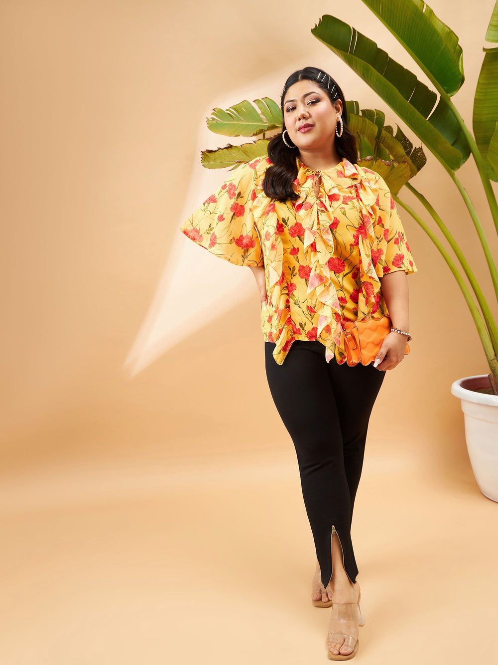 Yellow Floral Front Tie-Neck Ruffle Top-SASSAFRAS Curve