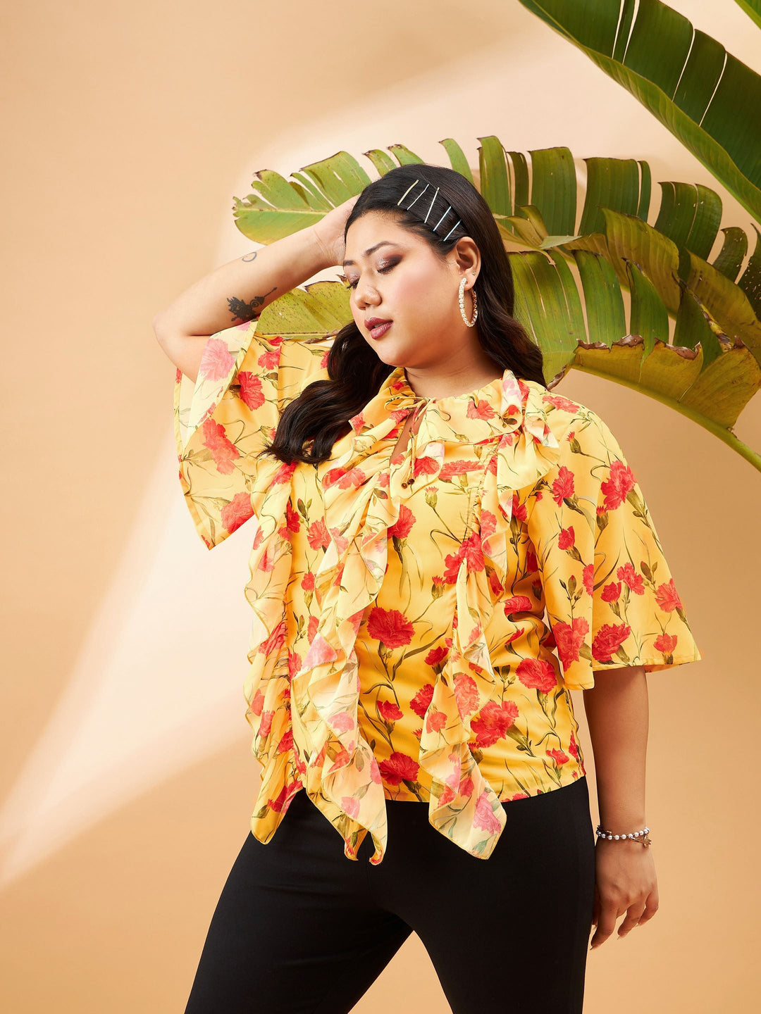 Yellow Floral Front Tie-Neck Ruffle Top-SASSAFRAS Curve