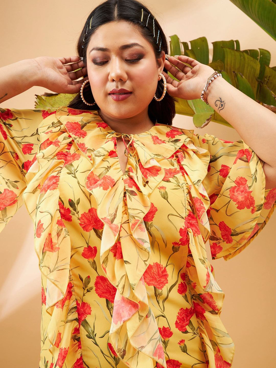 Yellow Floral Front Tie-Neck Ruffle Top-SASSAFRAS Curve