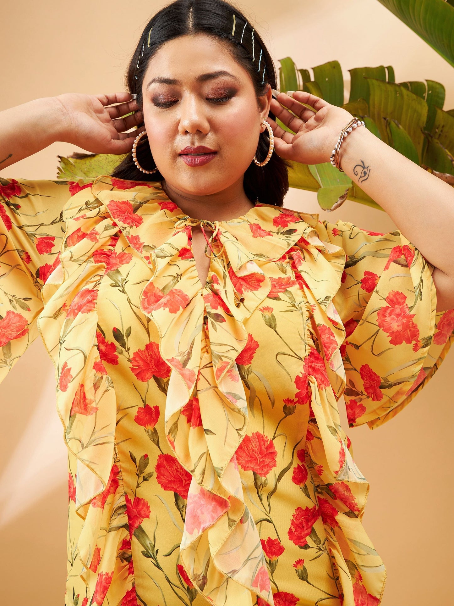 Yellow Floral Front Tie-Neck Ruffle Top-SASSAFRAS Curve