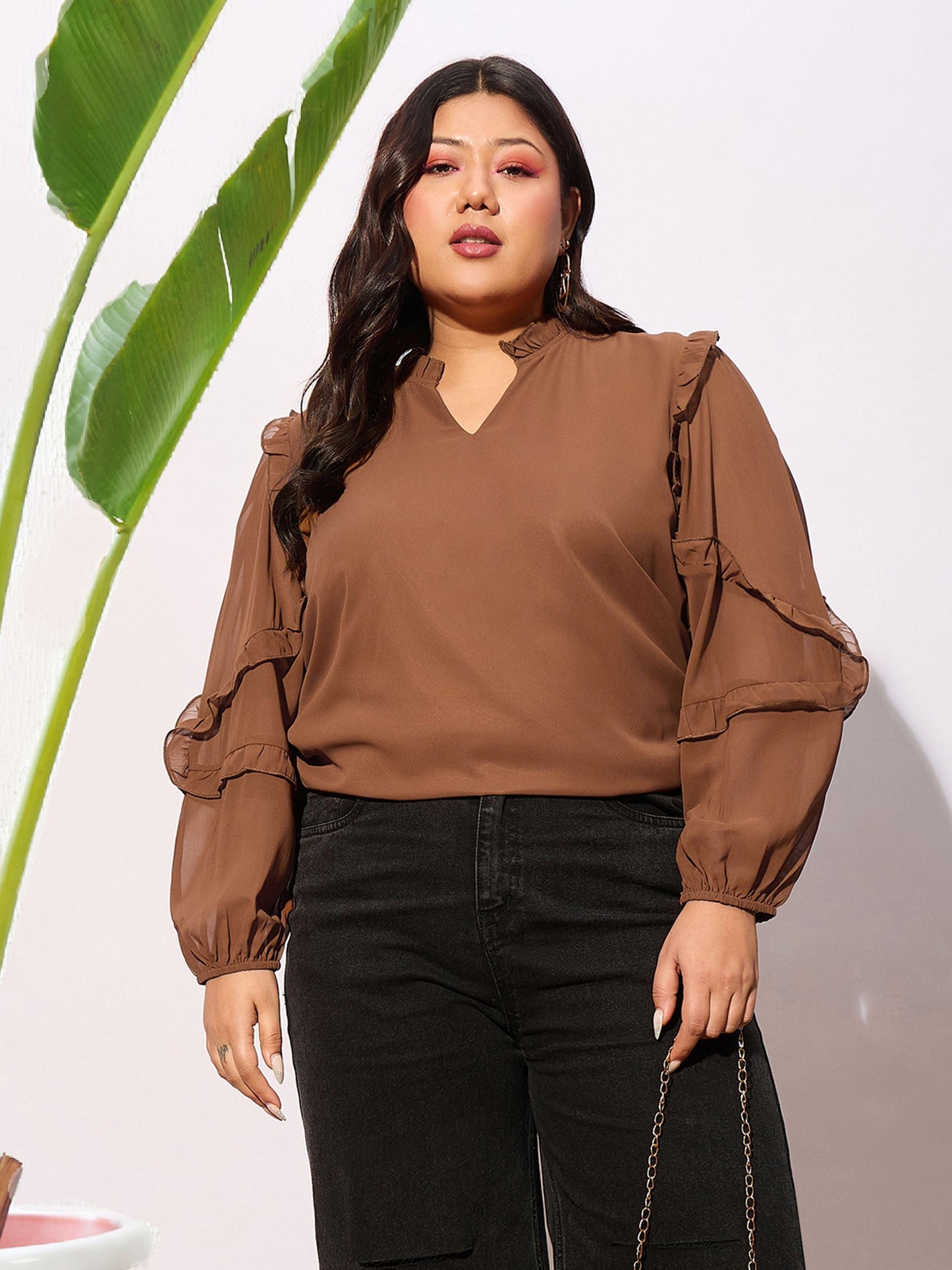 Brown Sleeve Ruffle Detail Top