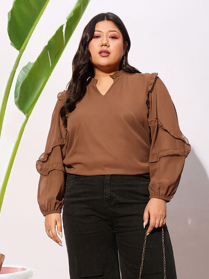 Brown Sleeve Ruffle Detail Top
