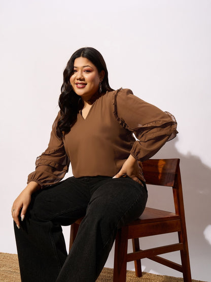 Brown Sleeve Ruffle Detail Top