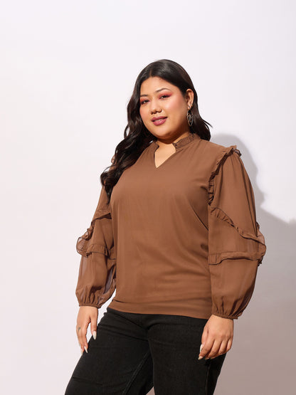 Brown Sleeve Ruffle Detail Top