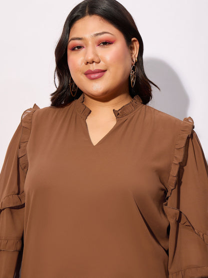 Brown Sleeve Ruffle Detail Top