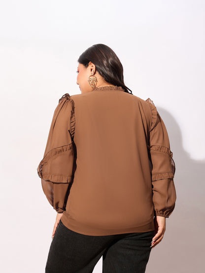 Brown Sleeve Ruffle Detail Top