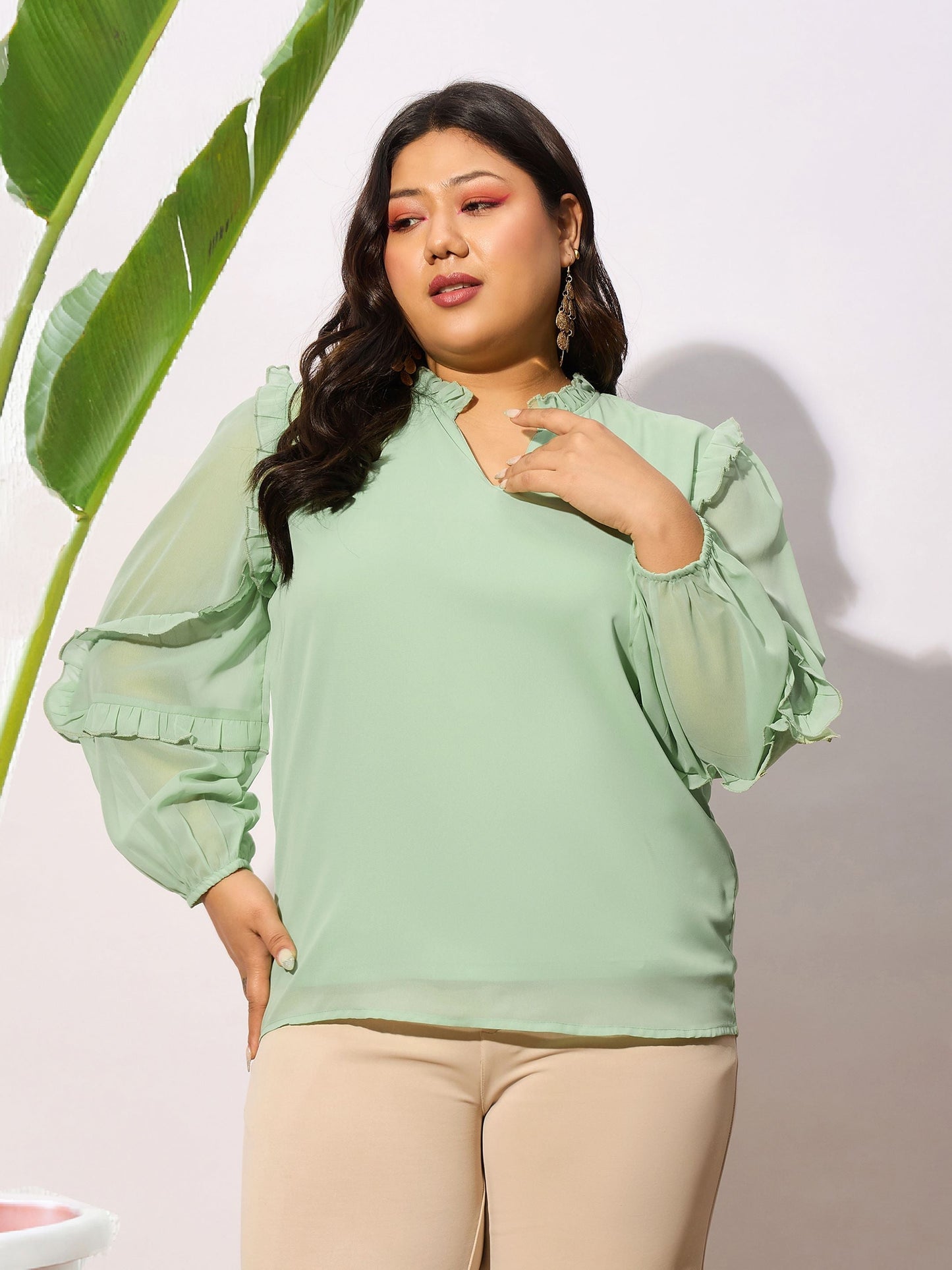 Mint Green Sleeve Ruffle Detail Top