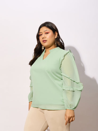 Mint Green Sleeve Ruffle Detail Top