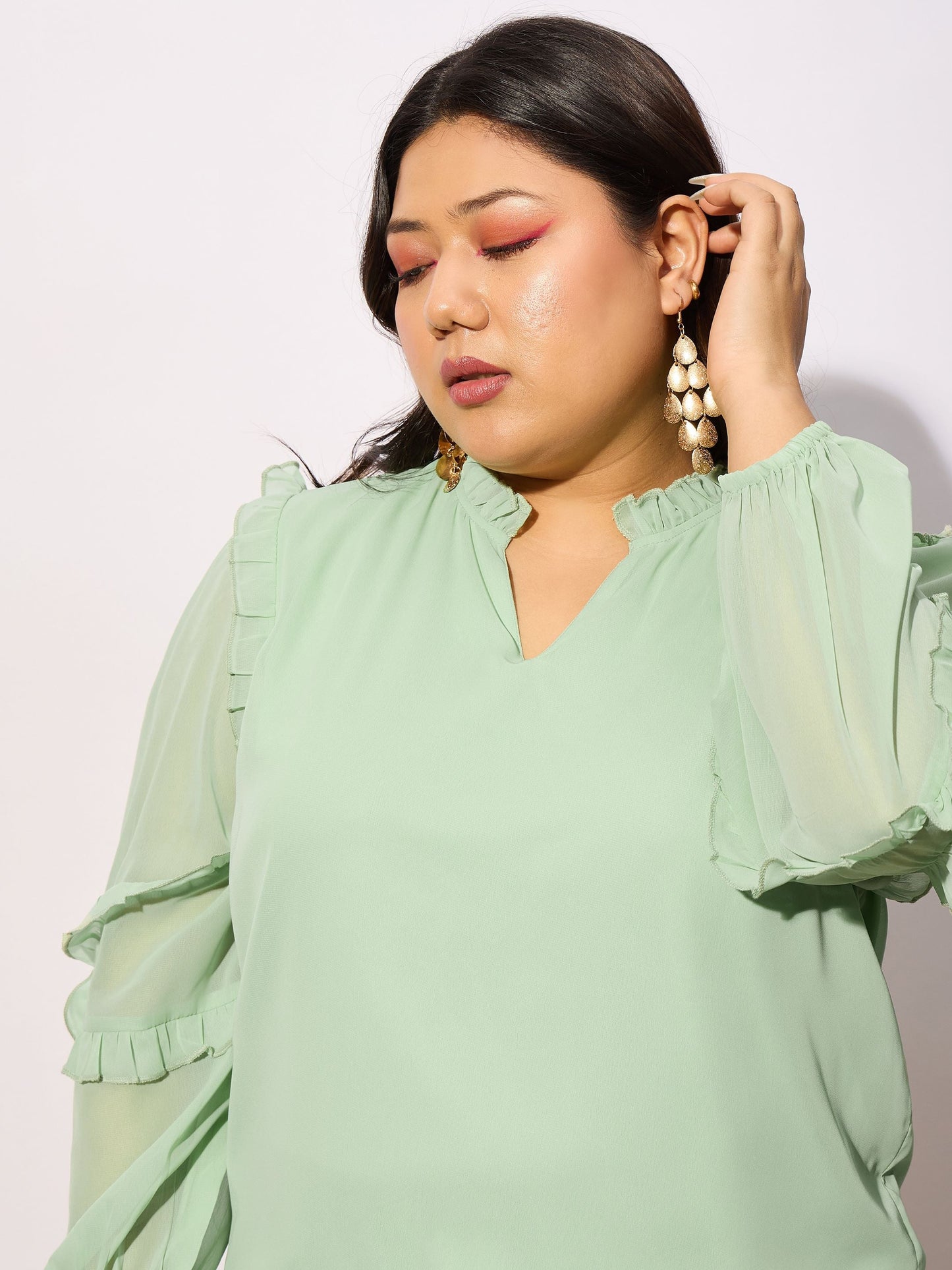 Mint Green Sleeve Ruffle Detail Top