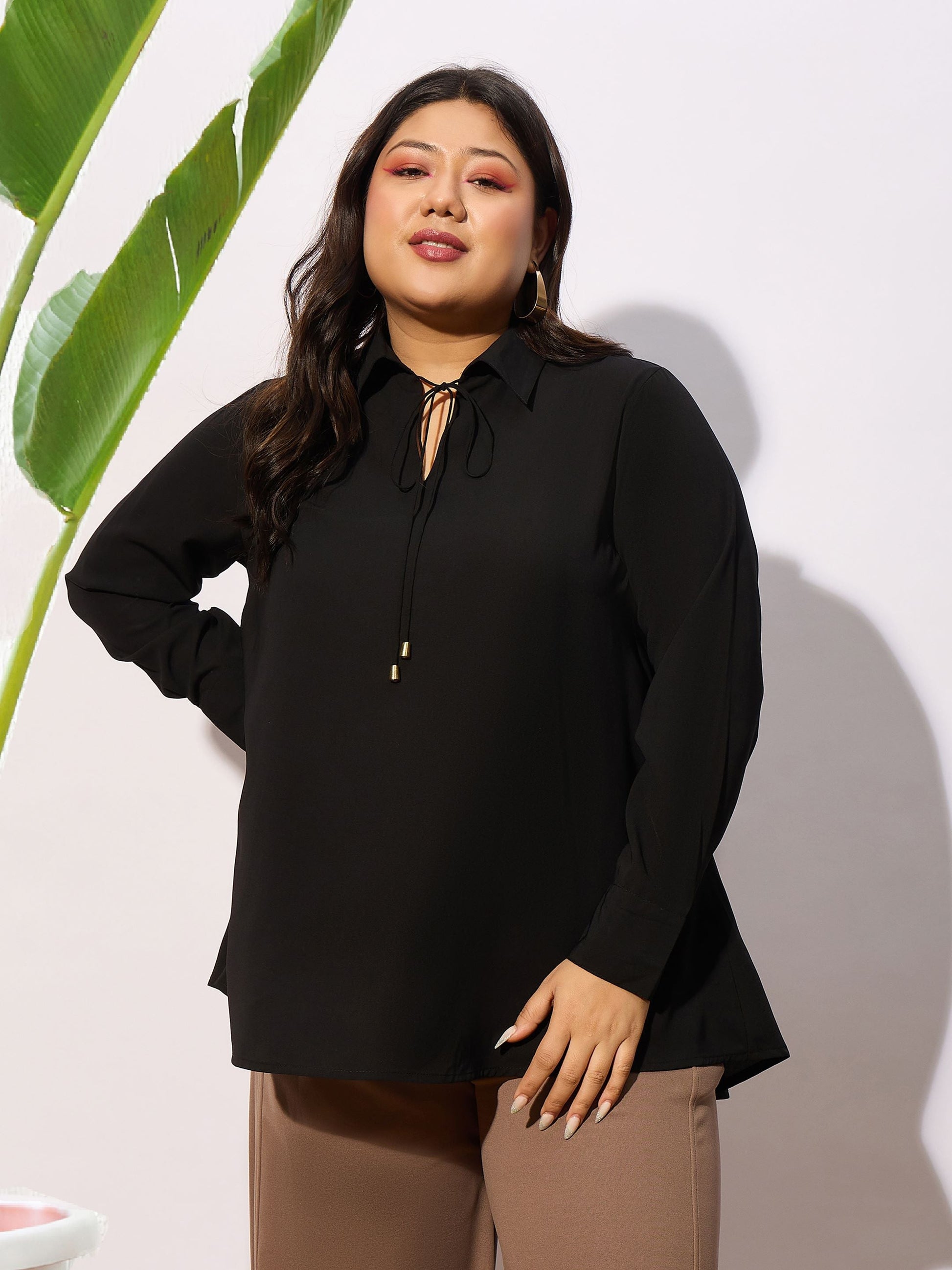 Plus size women's Black Georgette Black Front Dori Top by Sassafras Curve for wholesale buyers, boutiques, resellers and bulk orders from Trendphoria