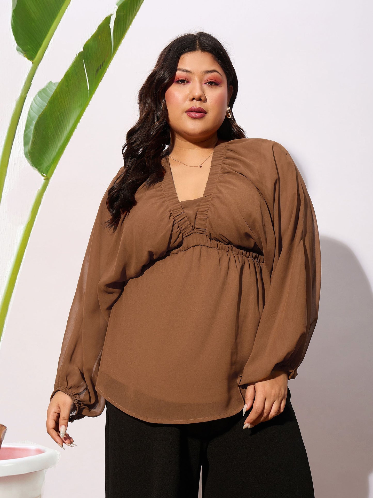 Brown V-Neck Peplum Top
