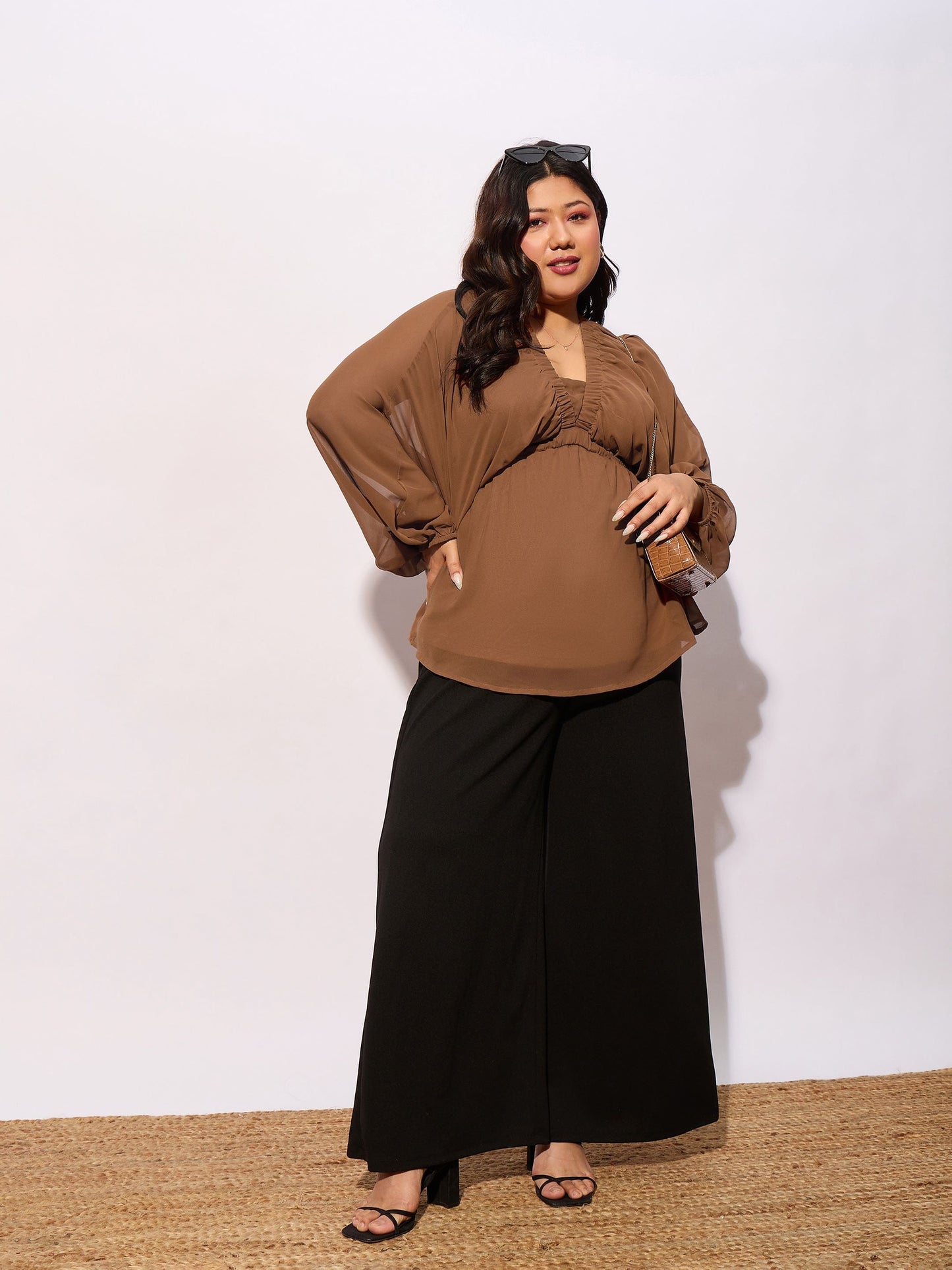 Brown V-Neck Peplum Top
