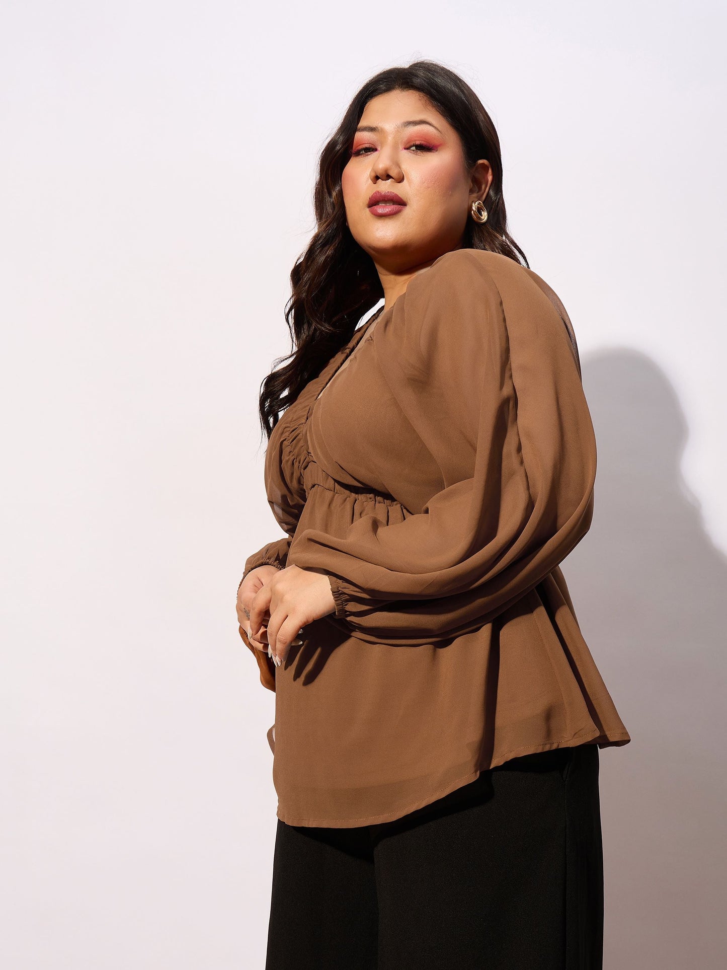 Brown V-Neck Peplum Top