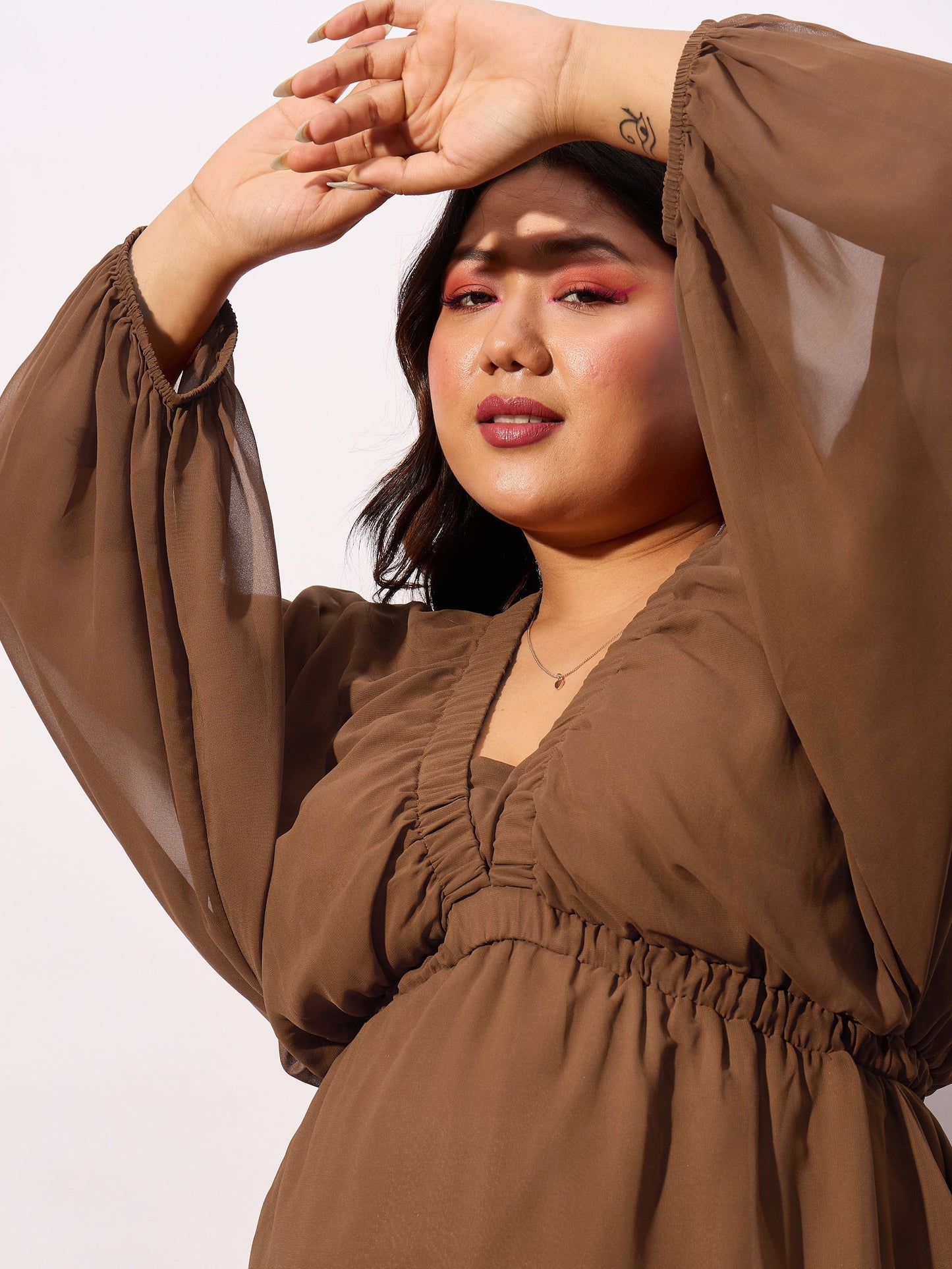 Brown V-Neck Peplum Top