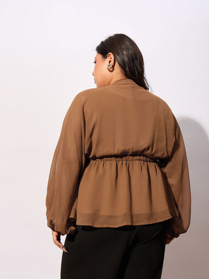 Brown V-Neck Peplum Top