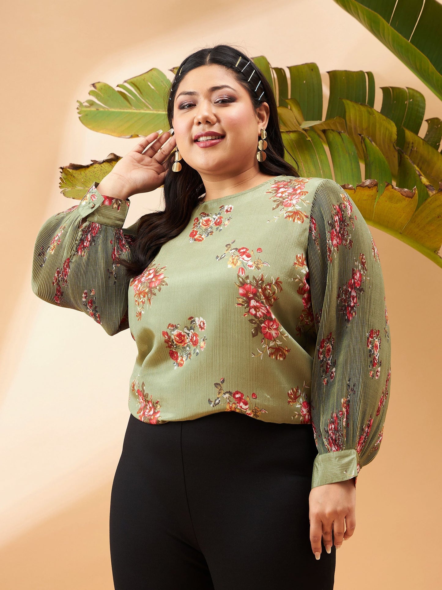 Green Floral Pleated Detail Top