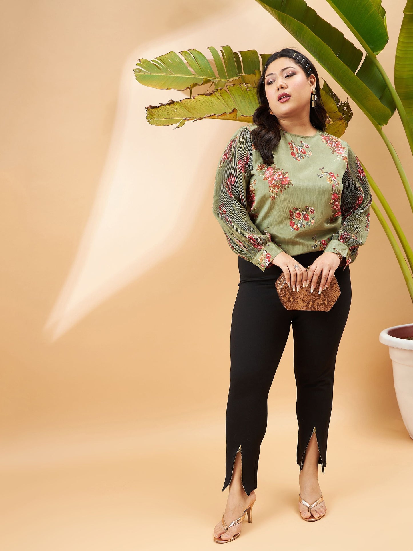 Green Floral Pleated Detail Top