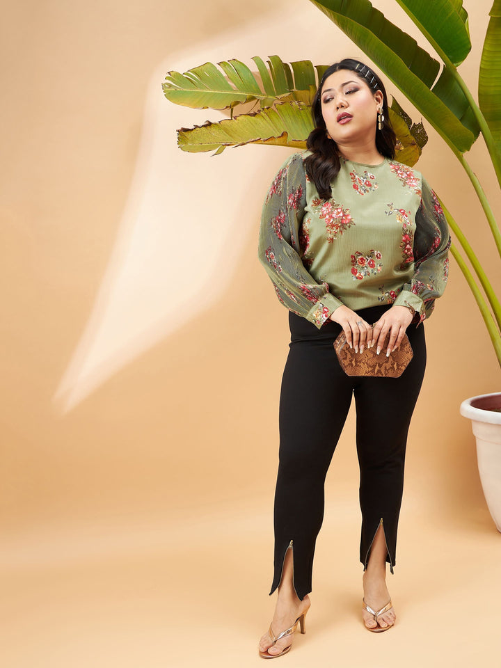 Green Floral Pleated Detail Top