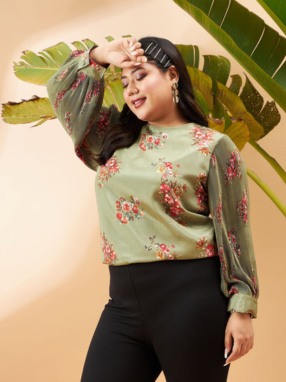 Green Floral Pleated Detail Top