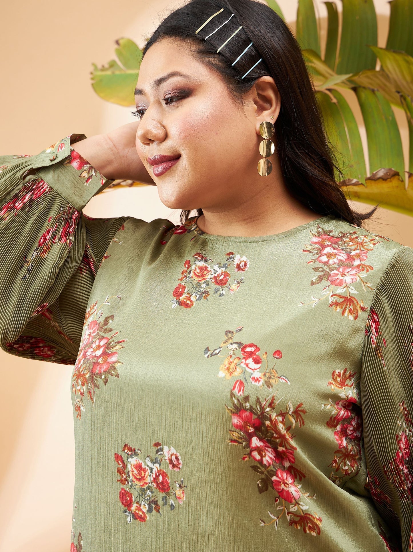 Green Floral Pleated Detail Top