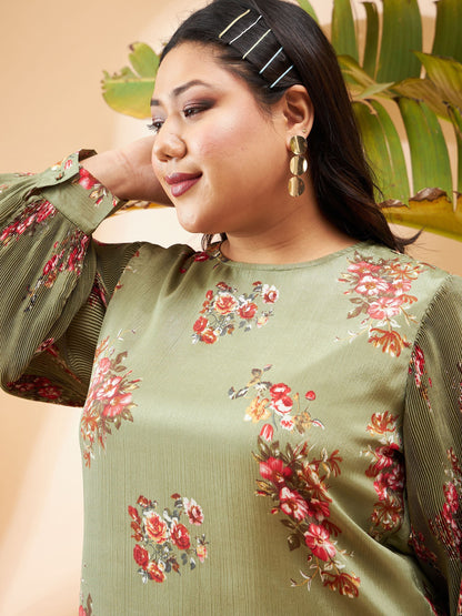 Green Floral Pleated Detail Top