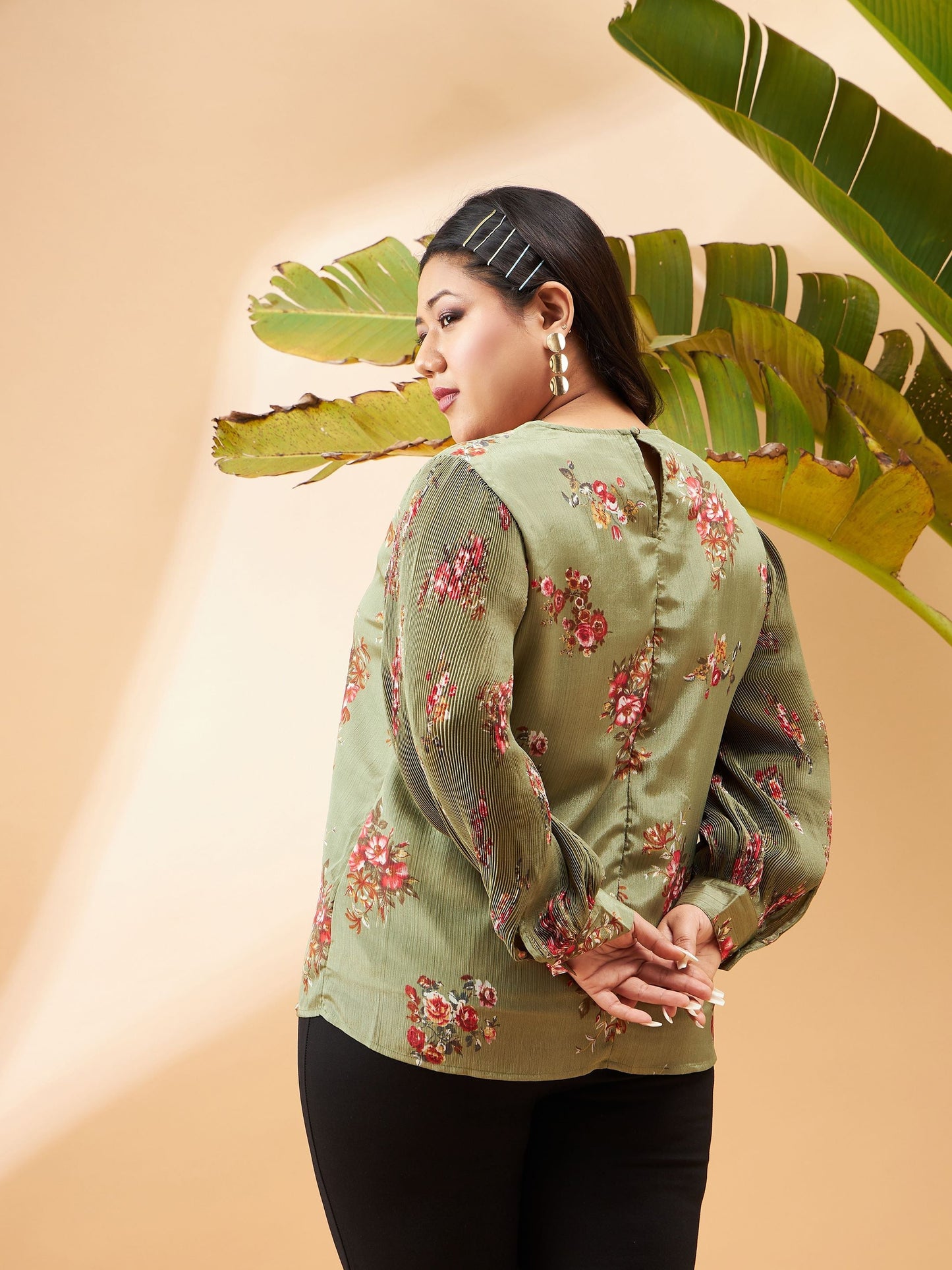 Green Floral Pleated Detail Top