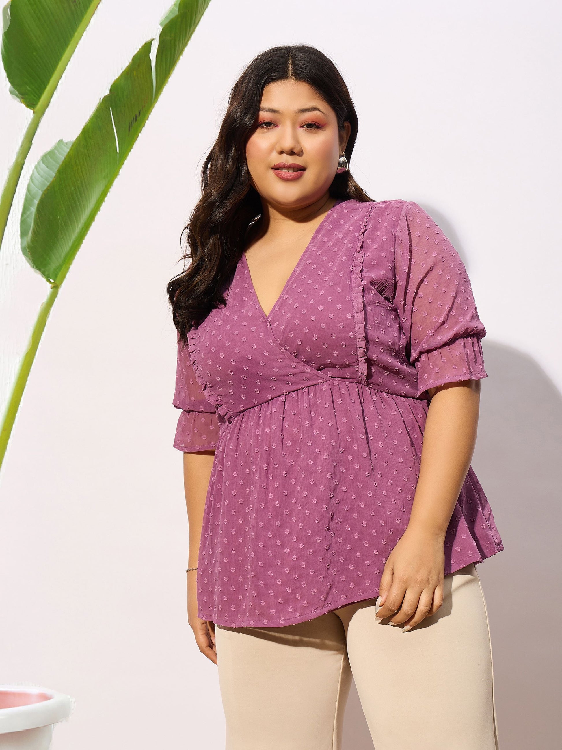 Plus size women's Purple Polyester Purple Dobby Yoke Top by Sassafras Curve for wholesale buyers, boutiques, resellers and bulk orders from