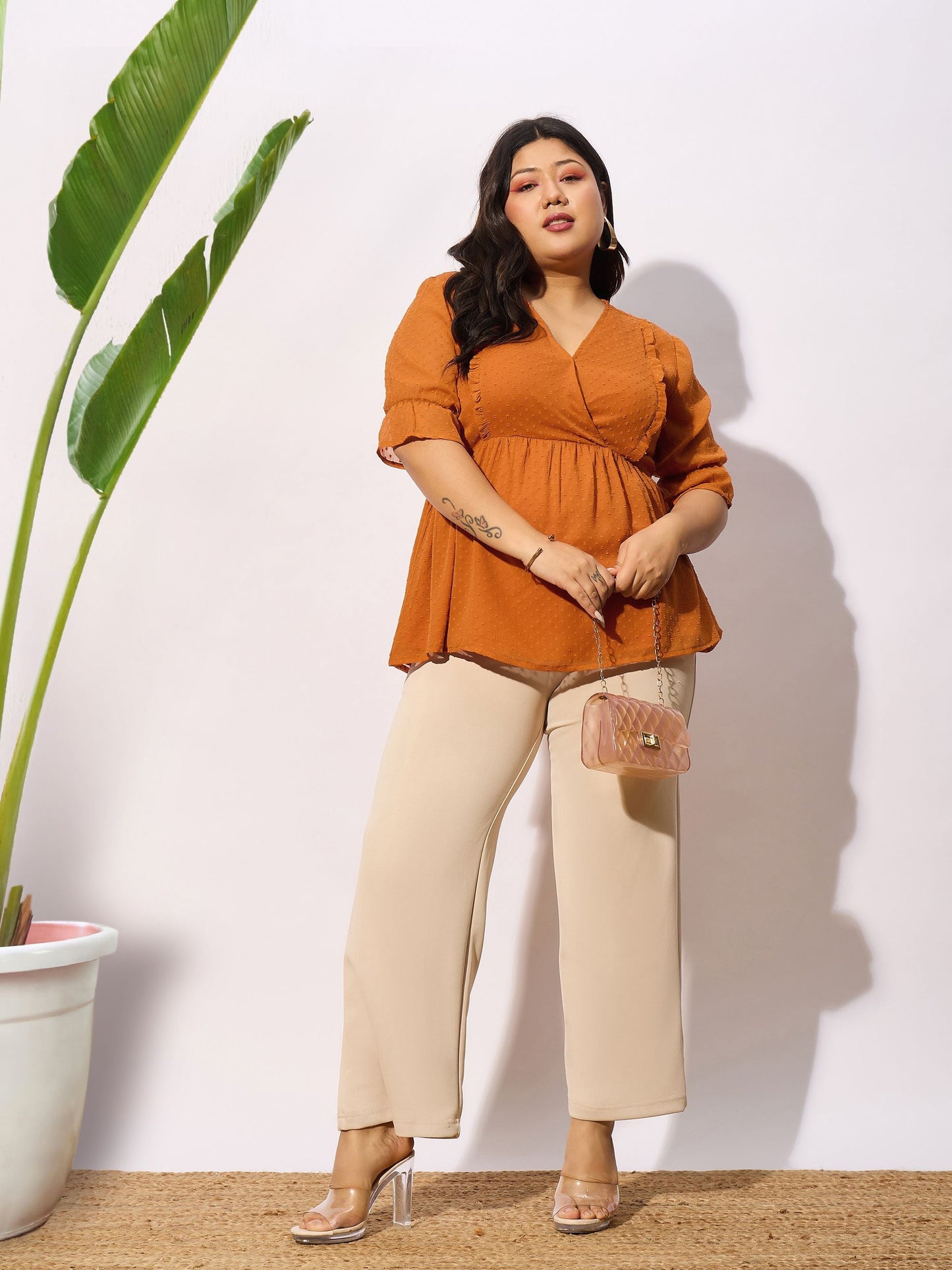 Brown Dobby Yoke Top
