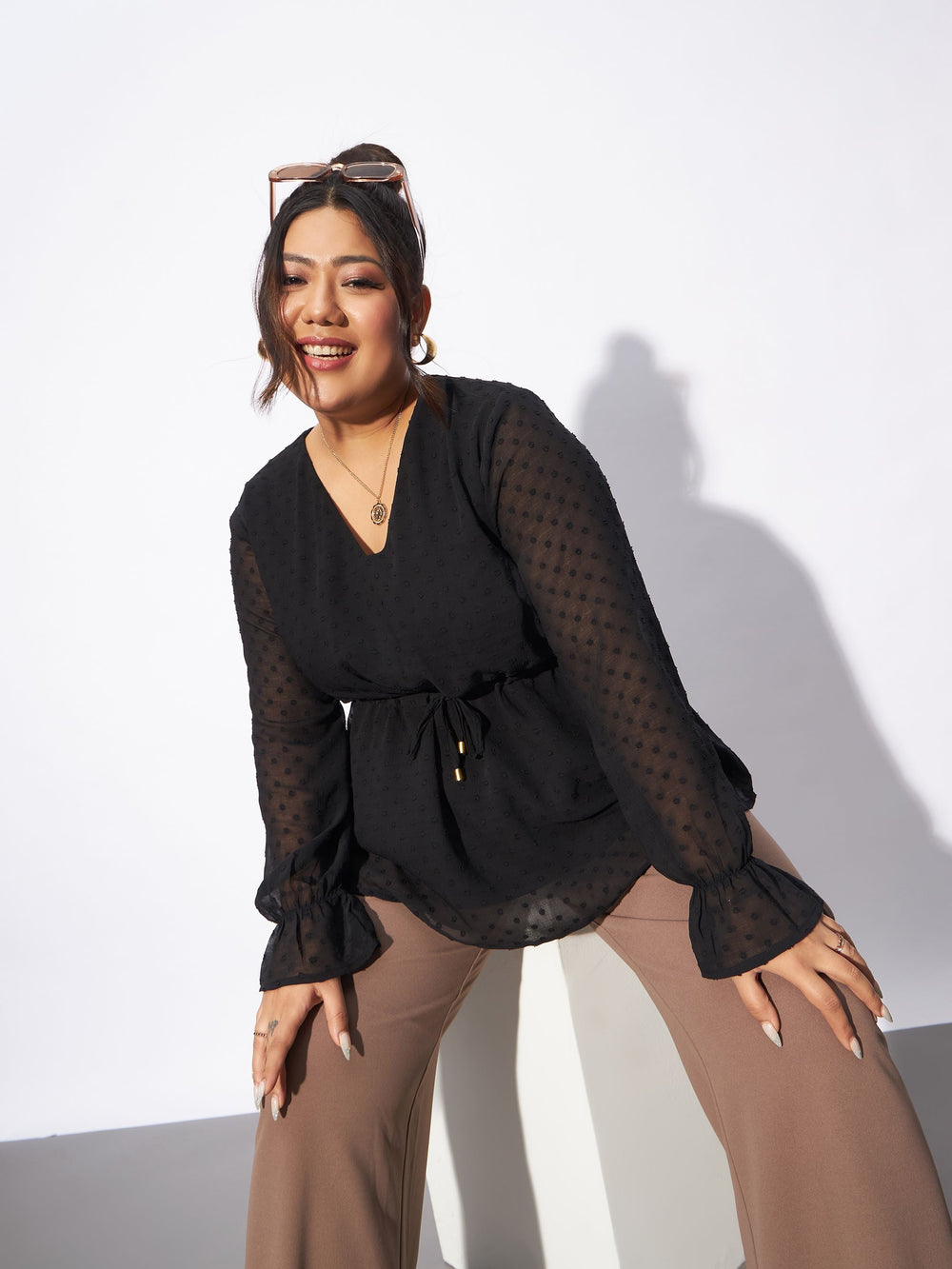 Black Dobby Peplum Top-SASSAFRAS Curve