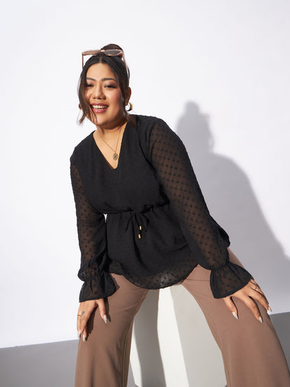 Black Dobby Peplum Top-SASSAFRAS Curve