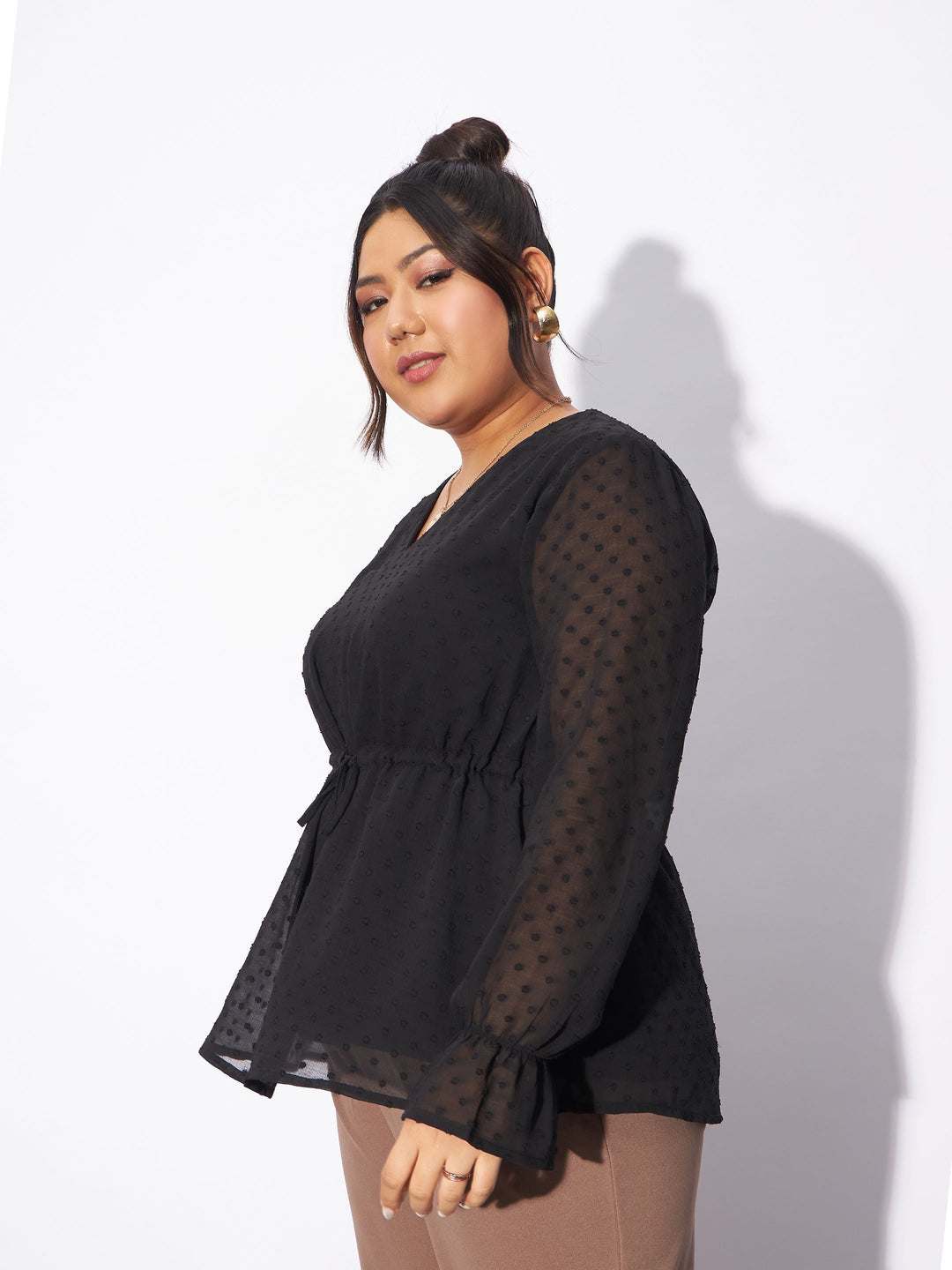 Black Dobby Peplum Top-SASSAFRAS Curve