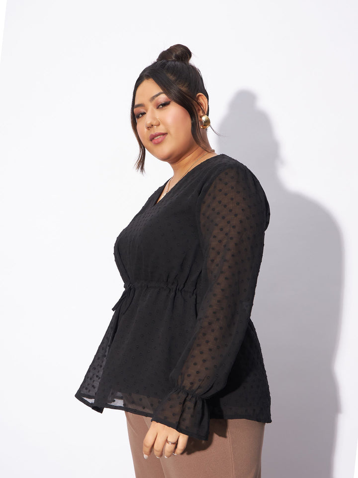 Black Dobby Peplum Top-SASSAFRAS Curve