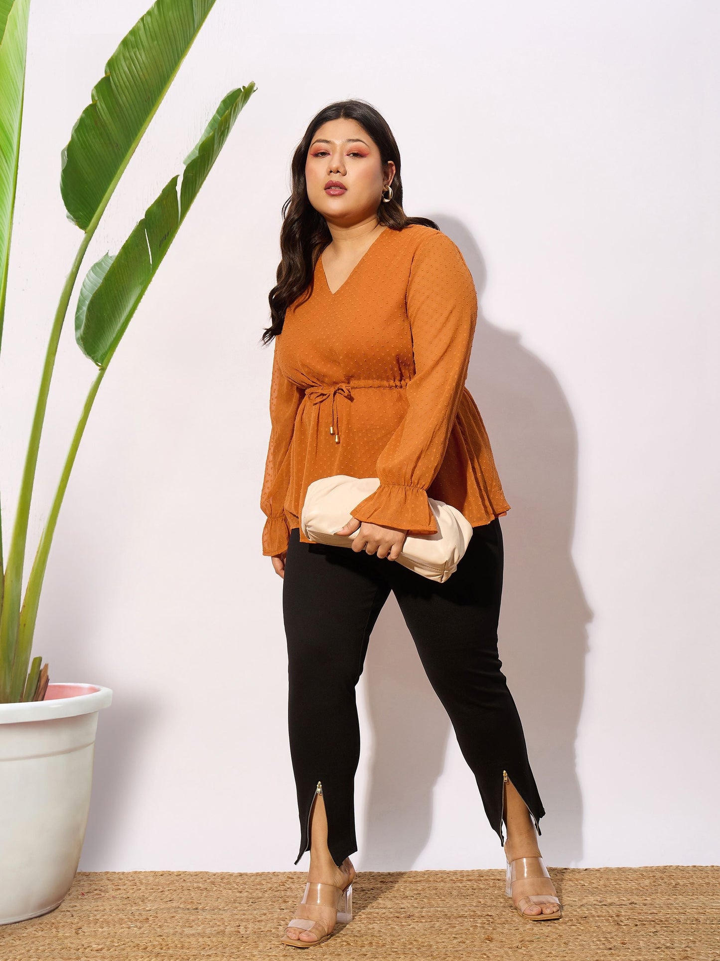 Brown Dobby Peplum Top
