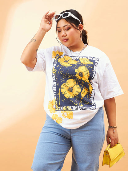 Plus size women's White 100% Cotton White Graphic Floral Print T-Shirt by Sassafras Curve for wholesale buyers, boutiques, resellers and bulk orders