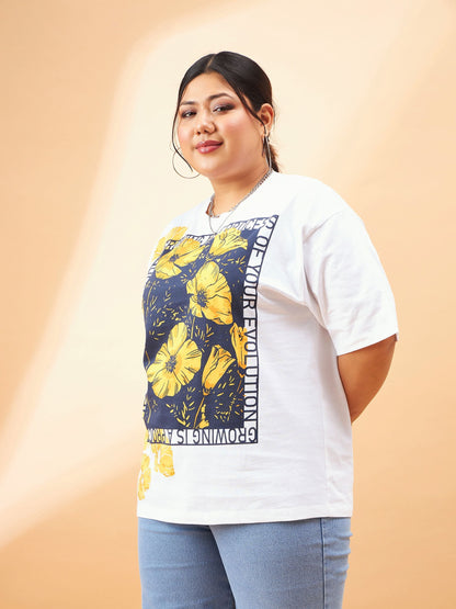 White Graphic Floral Print T-Shirt-SASSAFRAS Curve