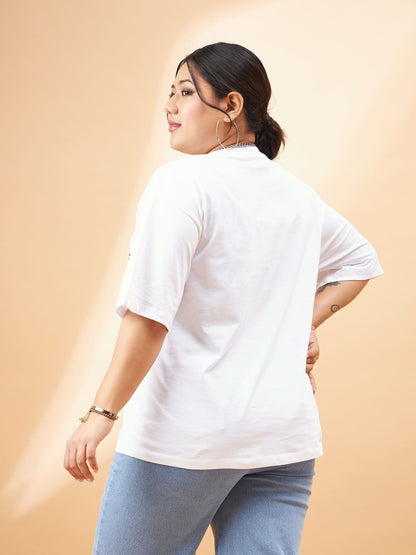 White Graphic Floral Print T-Shirt-SASSAFRAS Curve