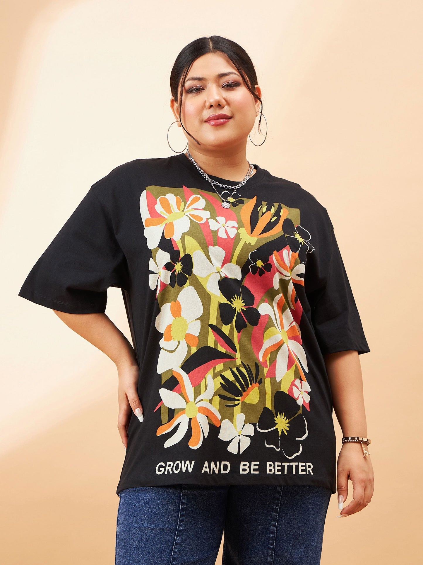 Black Graphic Floral Print T-Shirt
