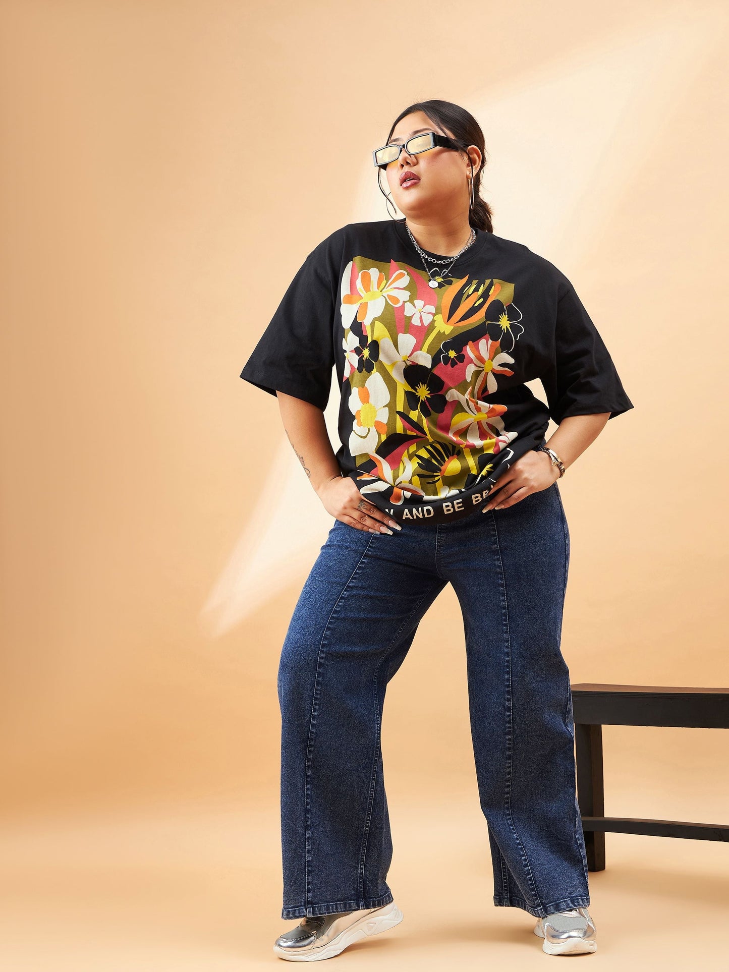 Black Graphic Floral Print T-Shirt