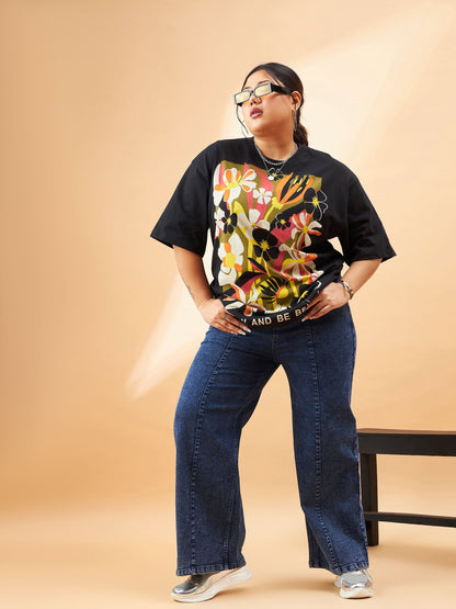 Black Graphic Floral Print T-Shirt