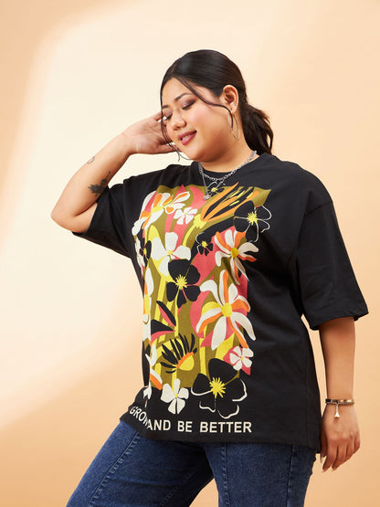Black Graphic Floral Print T-Shirt