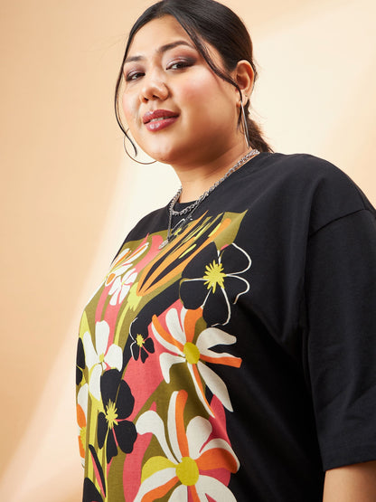 Black Graphic Floral Print T-Shirt