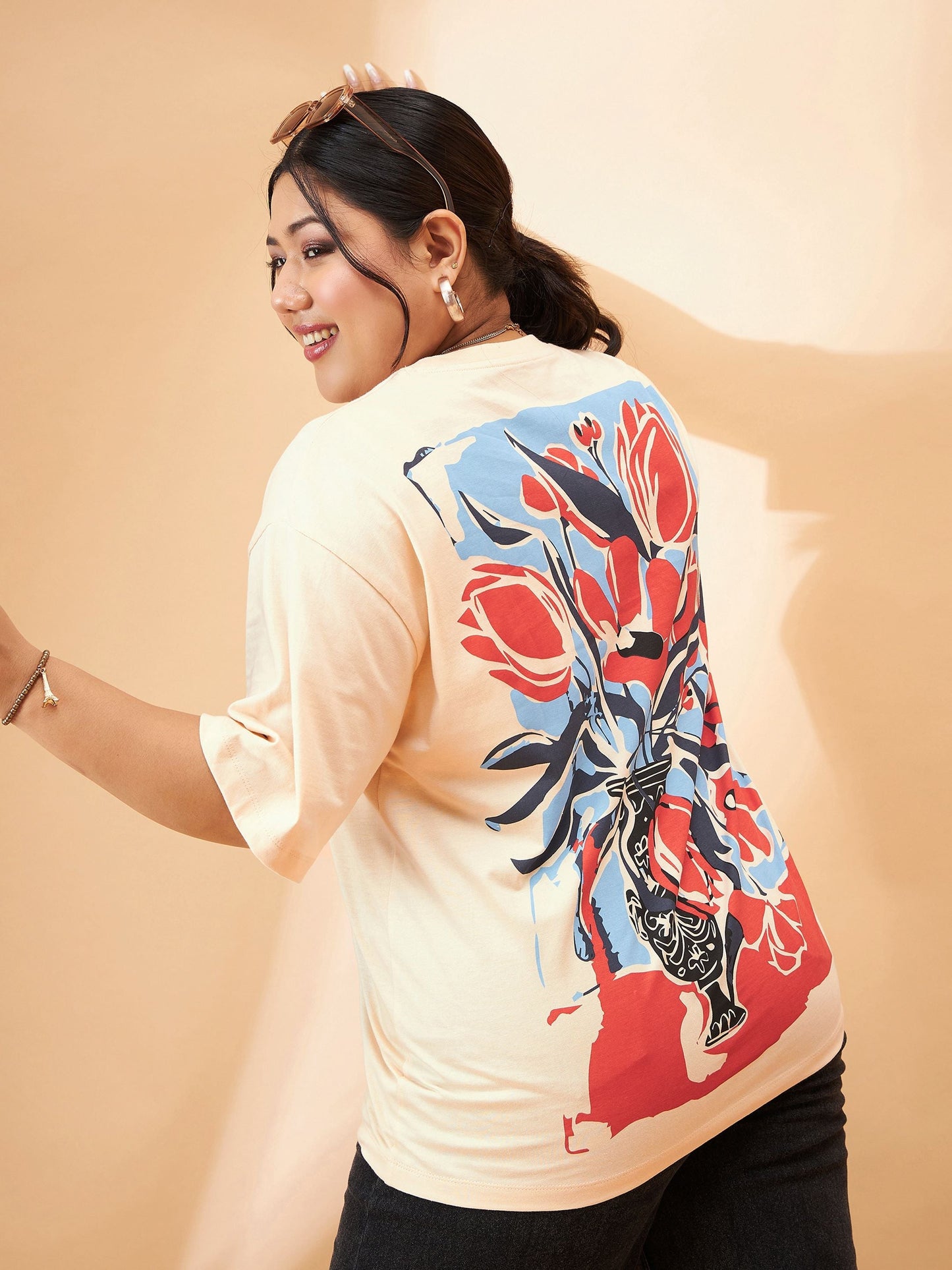 Plus size women's Beige 100% Cotton Beige Graphic Floral Print T-Shirt by Sassafras Curve for wholesale buyers, boutiques, resellers and bulk orders