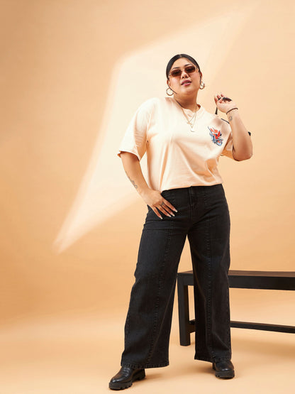 Beige Graphic Floral Print T-Shirt-SASSAFRAS Curve