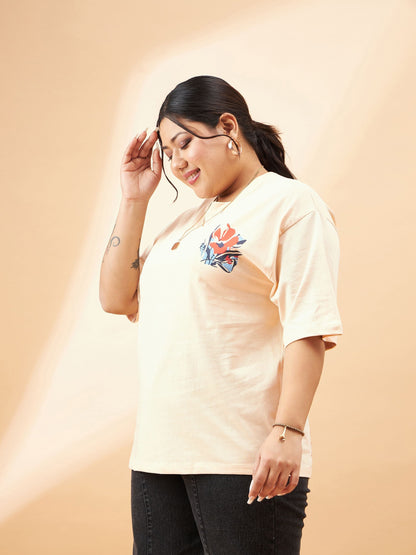 Beige Graphic Floral Print T-Shirt-SASSAFRAS Curve