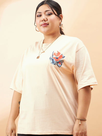 Beige Graphic Floral Print T-Shirt-SASSAFRAS Curve