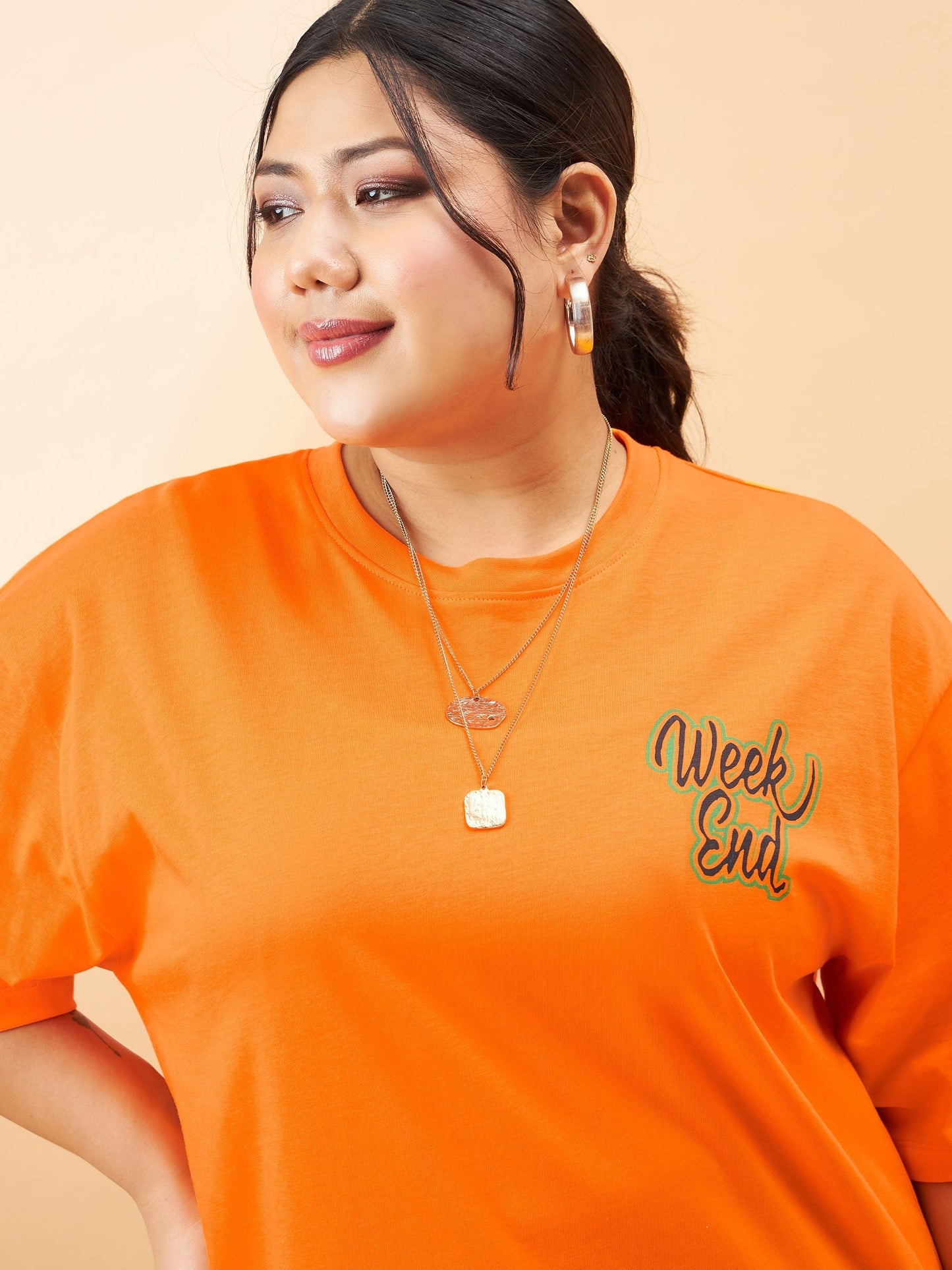 Orange Graphic Week End Print T-Shirt