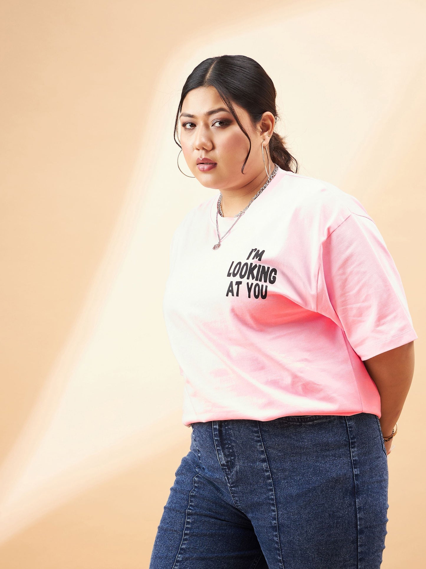 Pink Graphic Looking At You Print T-Shirt