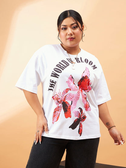 Plus size women's White 100% Cotton White Graphic The World Is Bloom T-Shirt by Sassafras Curve for wholesale buyers, boutiques, resellers and bulk